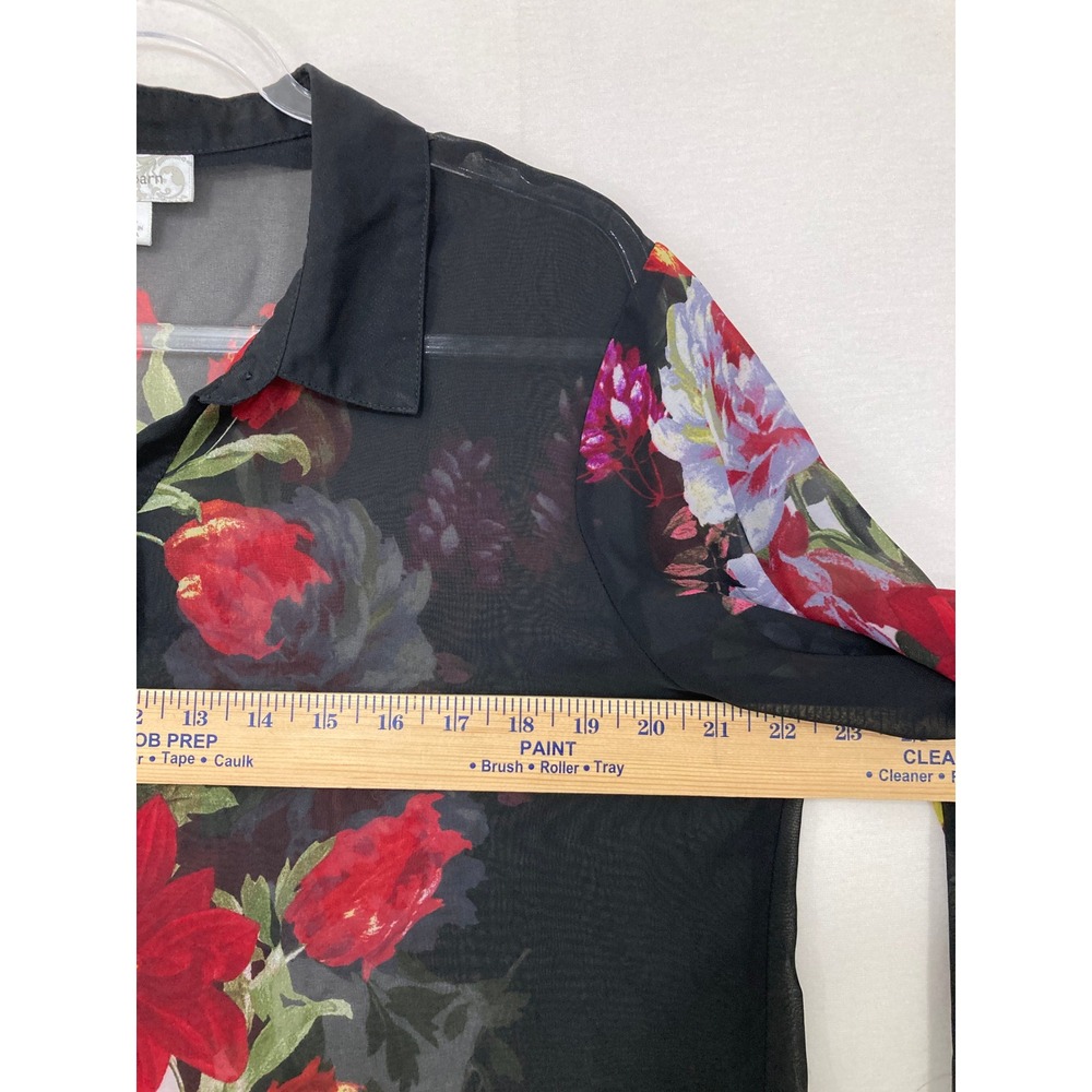 Dressbarn Blouse XL Black Floral Sheer Button Down Long Sleeve Top Feminine - Picture 5 of 9